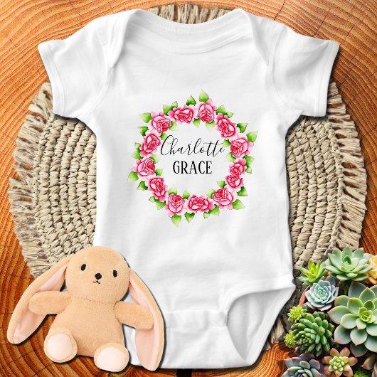 ピンクローズリースパーソナライズされた名 ベビーボディスーツ