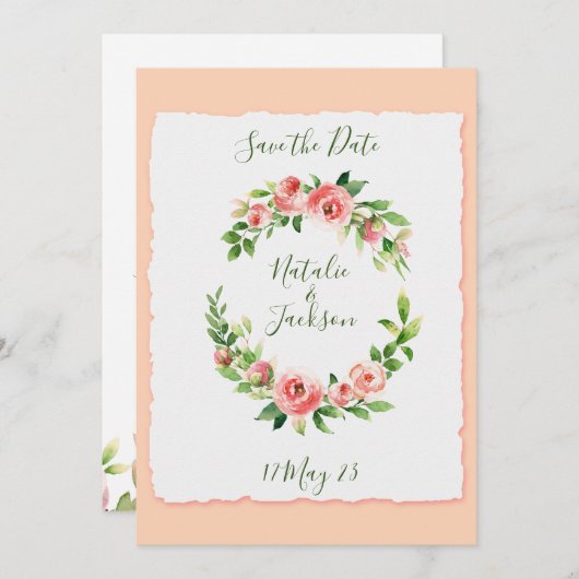 ピンクローズリース日付カードを保存 セーブザデート (正面/裏面)