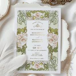 ピンクローズロマンチックアールヌーボー結婚ズ 箔招待状