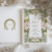 ピンクローズロマンチックアールヌーボー結婚ズ 箔招待状