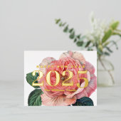 ピンクローズヴィンテージフラワーハッピーニューイヤー2025金ゴールド 箔シーズンポストカード (立ち正面)