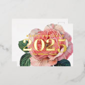 ピンクローズヴィンテージフラワーハッピーニューイヤー2025金ゴールド 箔シーズンポストカード (正面/裏面)
