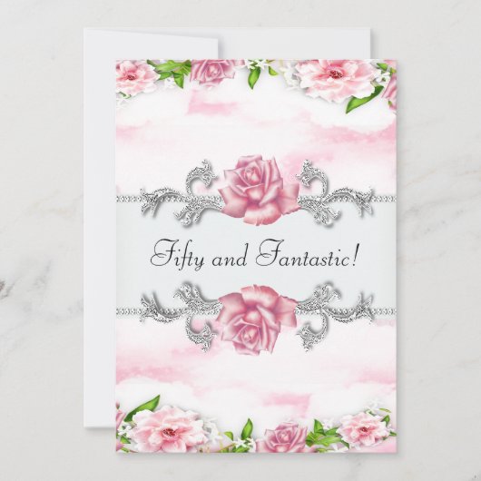 ピンクローズ女性50thバースデーパーティー 招待状 (正面)