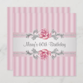 ピンクローズ女性60thバースデーパーティー 招待状 (正面/裏面)