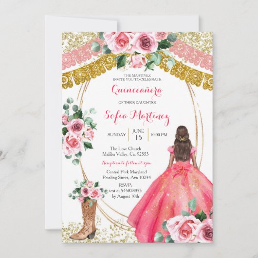 ピンクローズ招待状 – ホワイトメキシコガール15誕生日 招待状 (正面)