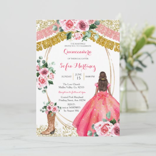 ピンクローズ招待状 – ホワイトメキシコガール15誕生日 招待状 (スタンド正面)