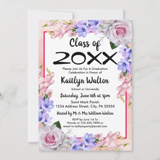 ピンクローズ水彩卒業パーティー 招待状 (正面)