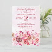 ピンクローズ渦巻形のハートバレンタインデー70誕生日 招待状 (スタンド正面)