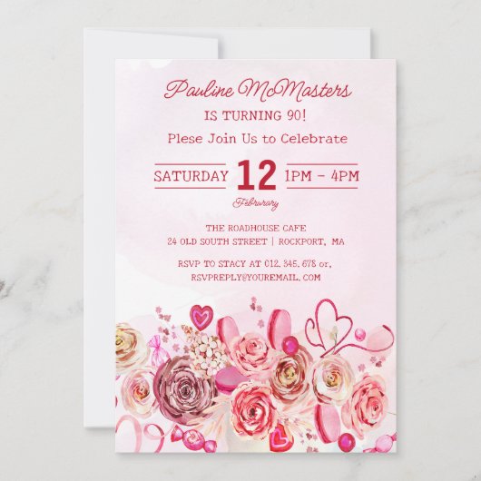 ピンクローズ渦巻形のハートバレンタインデー90誕生日 招待状 (正面)