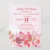 ピンクローズ渦巻形のハート100誕生日ディナー 招待状 (正面/裏面)