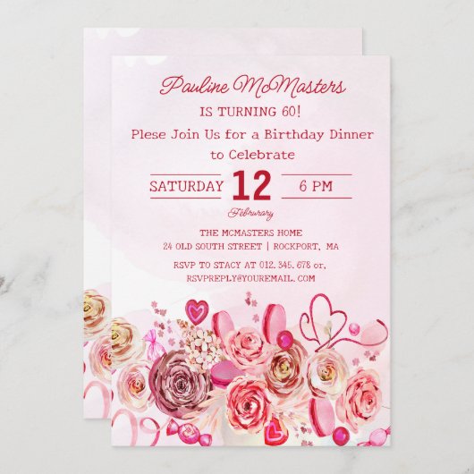 ピンクローズ渦巻形のハート60th誕生日ディナー 招待状 (正面/裏面)