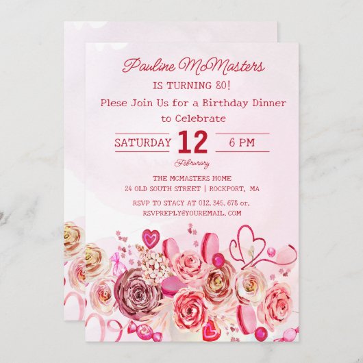 ピンクローズ渦巻形のハート80誕生日ディナー 招待状 (正面/裏面)