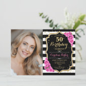 ピンクローズ白黒ストライプ写真50誕生日 招待状 (スタンド正面)