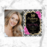 ピンクローズ白黒ダマスク写真50誕生日 招待状<br><div class="desc">エレガントフローラ50歳のフェミニン誕生日の招待状と写真。グラム白黒ピンクデザインとフェイクグリッター金ゴールド。黒と白のダマスクパターン、ピンクのバラ、スクリプトのフォントと紙吹雪を備えている。大人スタイリッシュのお祝いパーティーに最適。独自の詳細でパーソナライズどんなカスタマイズ年でもいい！印刷されたZazzle招待状または即時ダウンロードのデジタル印刷可能なテンプレート。</div>