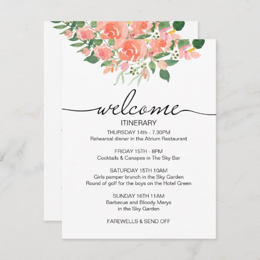 ピンクローズ結婚の週末の旅程へようこそ エンクロージャーカード (正面/裏面)