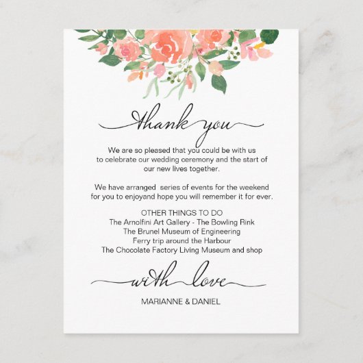 ピンクローズ結婚の週末の旅程へようこそ エンクロージャーカード (裏面)