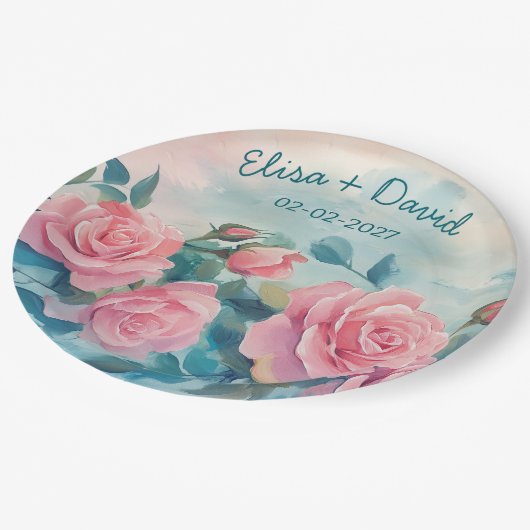 ピンクローズ結婚ズエンゲージメントブライダルシャワーカスタム ペーパープレート (アングル)