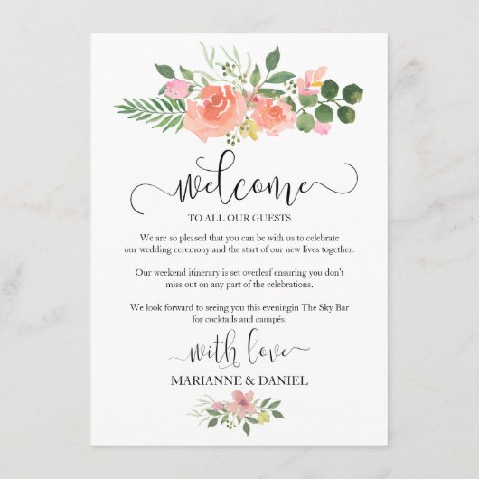 ピンクローズ結婚ズゲストの日程図解入りの、写真付きの アドバイスカード (裏面)