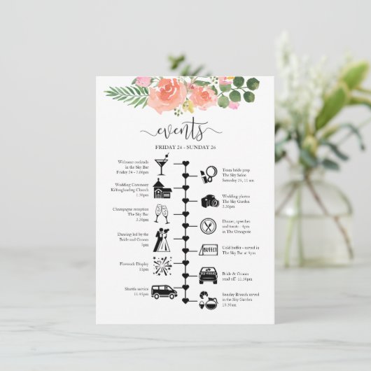 ピンクローズ結婚ズゲストの日程図解入りの、写真付きの アドバイスカード (スタンド正面)