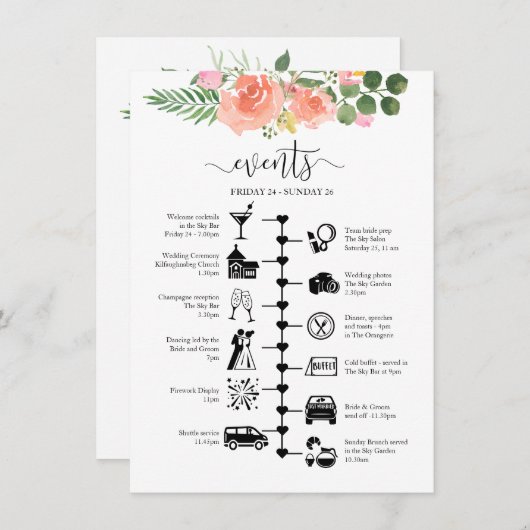 ピンクローズ結婚ズゲストの日程図解入りの、写真付きの アドバイスカード (正面/裏面)