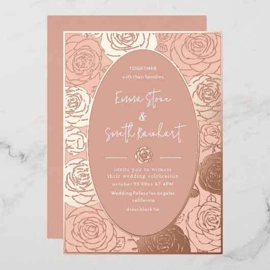 ピンクローズ結婚ズフォイル招待状 箔招待状 (正面/裏面)