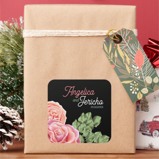 ピンクローズ結婚テーマ スクエアシール (クリスマス)