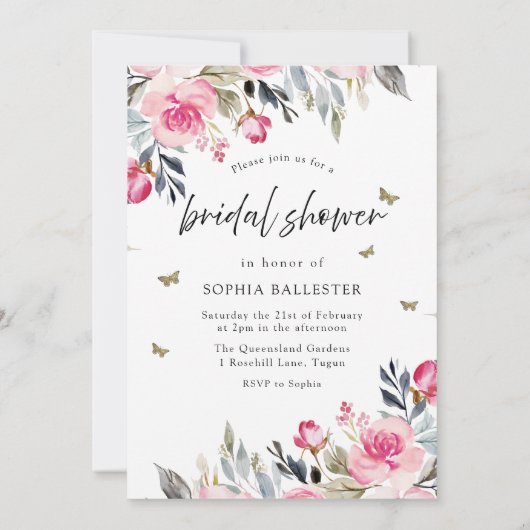 ピンクローズ結婚金ゴールドズガウンフローラブライダルシャワー 招待状 (裏面)