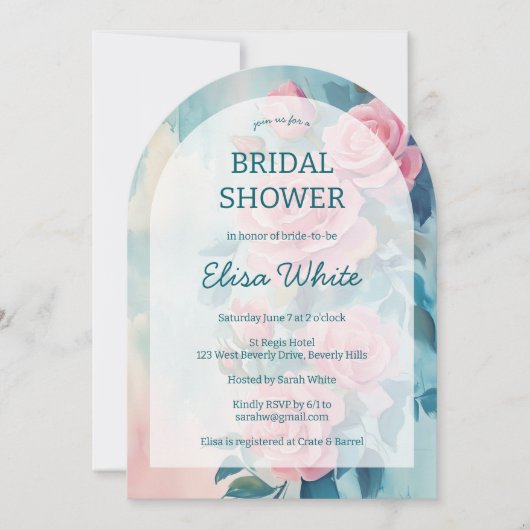 ピンクローズ絵を描ズブライダルシャワーカスタムアーチ 招待状 (正面)