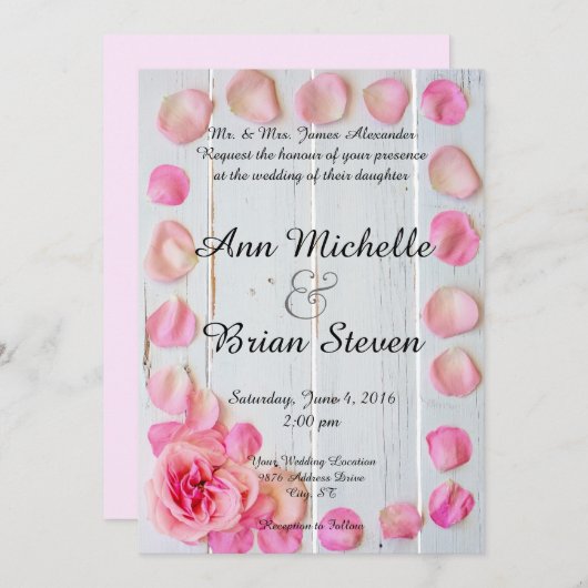 ピンクローズ花びらオンウッド結婚式招待状 招待状 (正面/裏面)