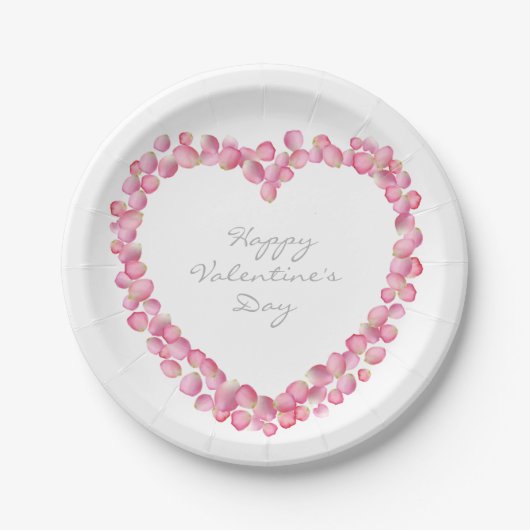 ピンクローズ花びらカスタムハート紙プレート ペーパープレート (正面)