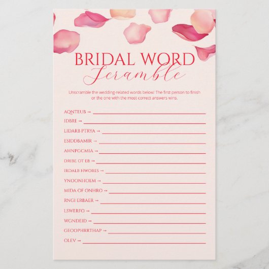 ピンクローズ花びらブライダルシャワーワードスクランブルゲーム チラシ (正面)
