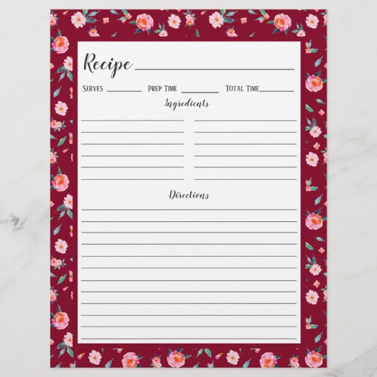 ピンクローズ花柄レシピバインダーページ (正面)