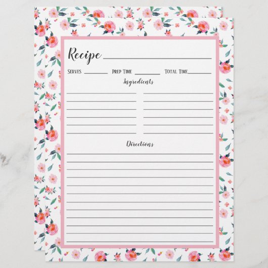 ピンクローズ花柄レシピバインダーページ (正面/裏面)
