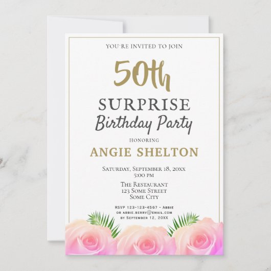 ピンクローズ葉フローラ50thサプライズ誕生日 招待状 (正面)