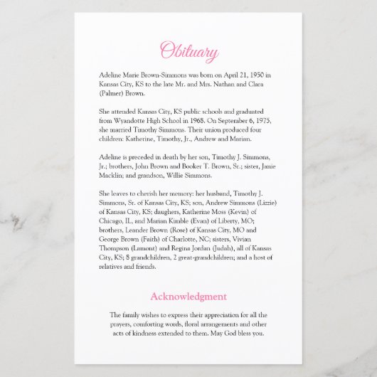 ピンクローズ葬儀記念カード | 5.5 x 8.5インチ (裏面)