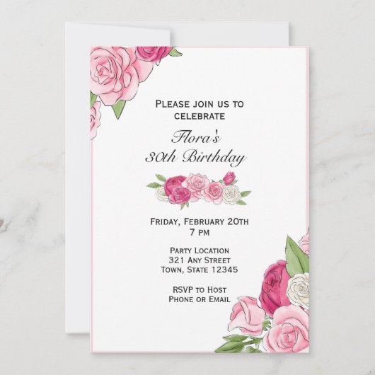 ピンクローズ誕生日招待状 招待状 (正面)