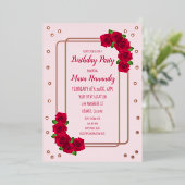 ピンクローズ誕生日 箔招待状 (立ち正面)