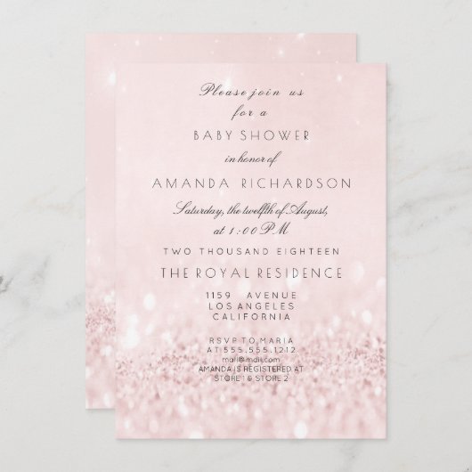 ピンクローズ赤面パステルグリッターガールベビーシャワー 招待状 (正面/裏面)