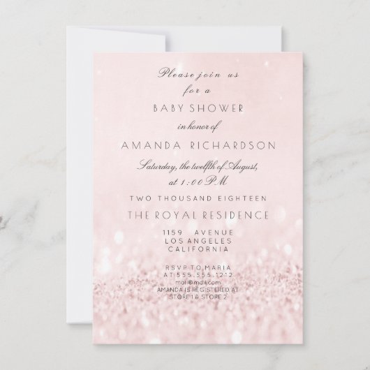 ピンクローズ赤面パステルグリッターガールベビーシャワー 招待状 (正面)
