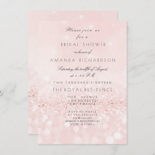 ピンクローズ赤面パステルグリッターブライダルシャワー 招待状 (正面/裏面)
