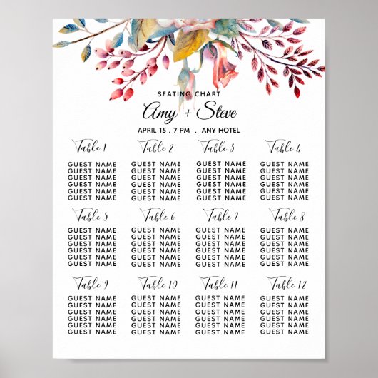 ピンクローズ赤面フローラ結婚のテーブル座席表 ポスター (正面)