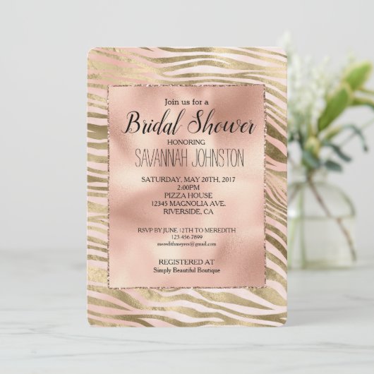 ピンクローズ赤面金ゴールドゼブラアニマルブライダルシャワー 招待状 (スタンド正面)