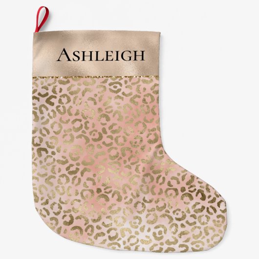 ピンクローズ赤面金ゴールドレオパードアニマルプリント名   ラージクリスマスストッキング (正面)