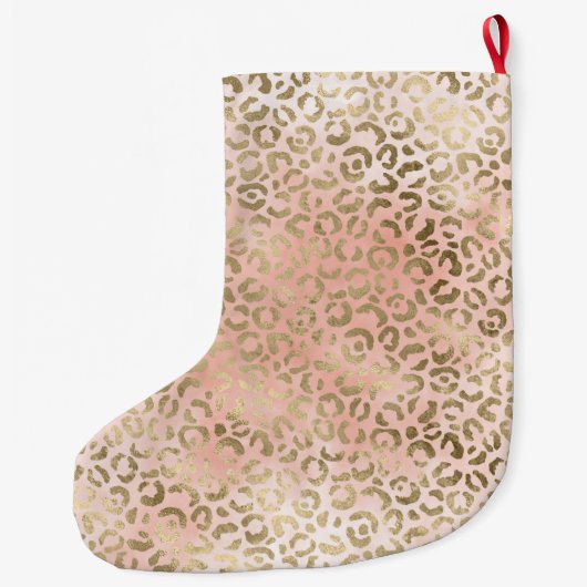 ピンクローズ赤面金ゴールドレオパードアニマルプリント名 ラージクリスマスストッキング (裏面)
