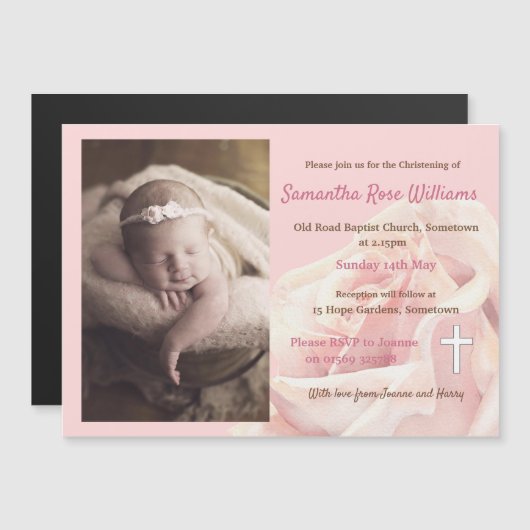 ピンクローズ赤面《キリスト教》洗礼式や命名式 マグネット招待状 (正面/裏面)