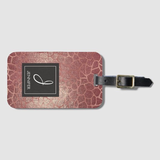 ピンクローズ金ゴールドアニマルプリントエレガントモノグラム ラゲッジタグ (正面横)