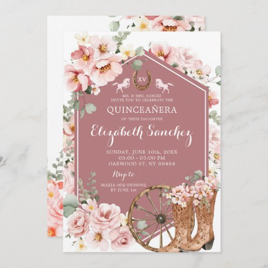 ピンクローズ金ゴールドウエスタンチャラキンセニェラ 招待状 (正面/裏面)