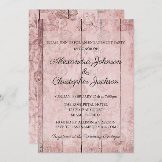 ピンクローズ金ゴールドウッド結婚ズ婚約 招待状 (正面/裏面)