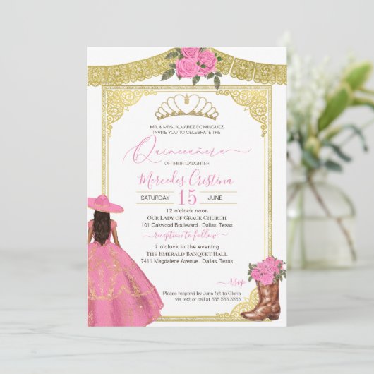 ピンクローズ金ゴールドエレガントウエスタンチャロキンセアニェラ 招待状 (スタンド正面)
