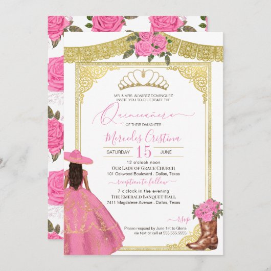 ピンクローズ金ゴールドエレガントウエスタンチャロキンセアニェラ 招待状 (正面/裏面)